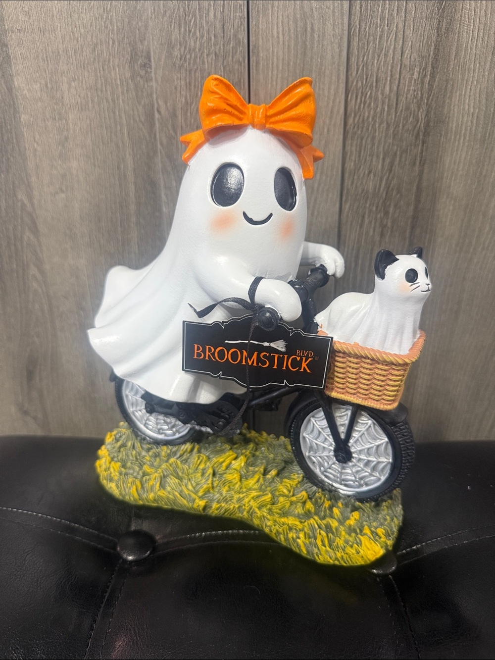 New Broomstick Blvd Halloween Girl Ghost On Bike With Ghost Kitty Cat Figurine